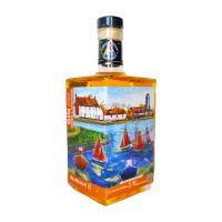 Modern Art Distillery Orange & Pomegranate Gin. Bottles with artwork from emerging artists. This artwork is by an artist from Warwick, Anya Simmons who painted this lovely, busy scene of Langstone Harbour - strictly speaking it is the Western edge of Chichester Harbour.