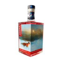 Modern Art Distillery Watermelon & Thyme Vodka bottle with commissioned artwork from emerging artists. This artwork is by an artist from Eastbourne, East Sussex - Chris Hill. The watercolour artwork depicts a self-assured, confident fox striding through a wintery scene and is called 'King of the Forest'