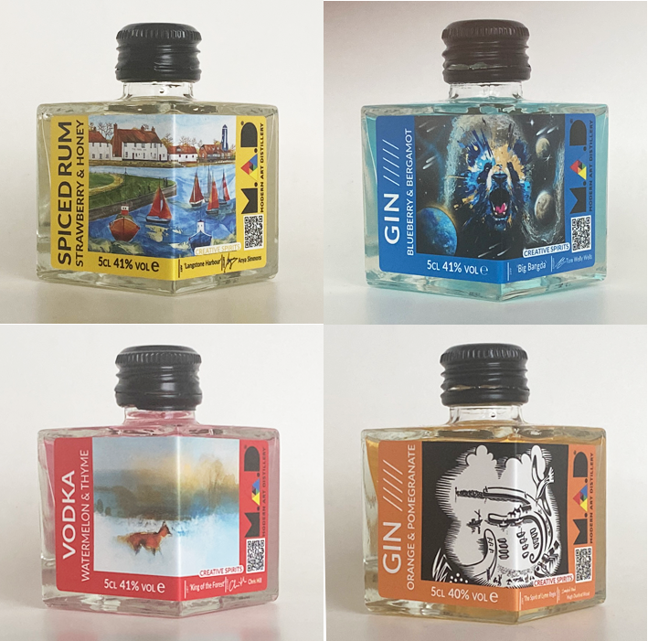 Four Flavours and Four different artworks on Modern Art Distillery 5cl square bottles - perfect gift for Valentine's Day or any other day.