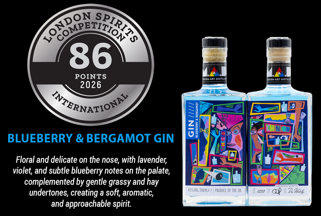 Modern Art Distillery (MAD) Blueberry & Bergamot Gin Winner of LSC Silver Medal 2026. Art by Cardiff abstract artist Chris Pompa